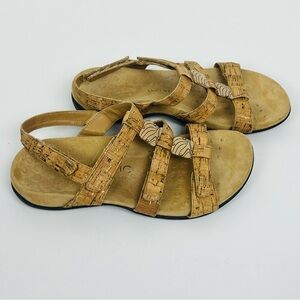 Vionic tan cork adjustable strap sandals, size US 8 wide.